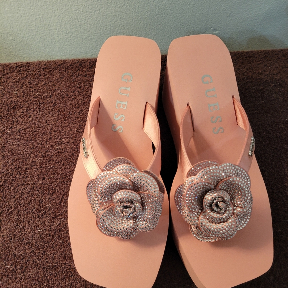 GUESS Women's Light Pink Sandals with Rhinestone Flower
